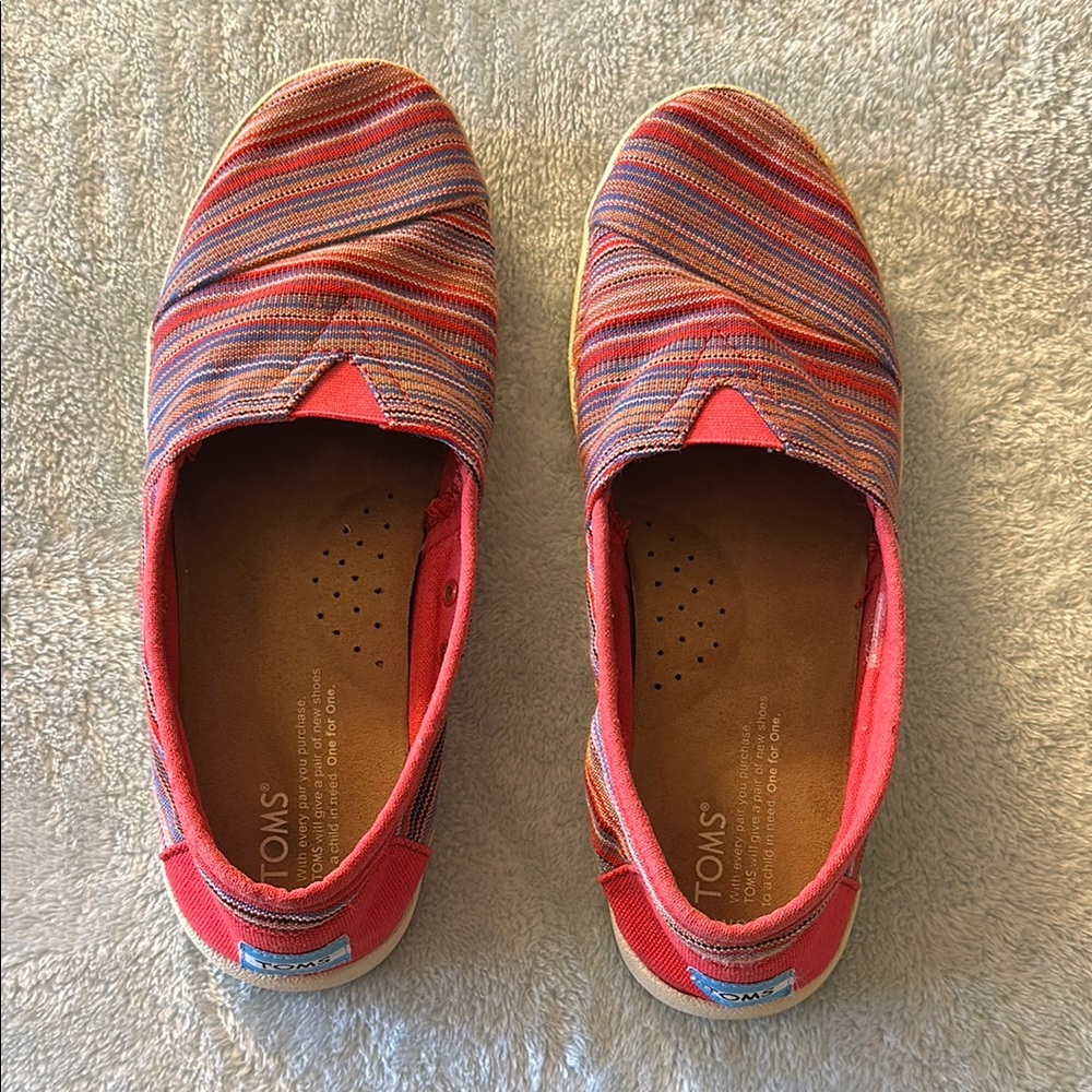 Toms Red Canvas Shoes with Blue, White and Goals Stripe Pattern